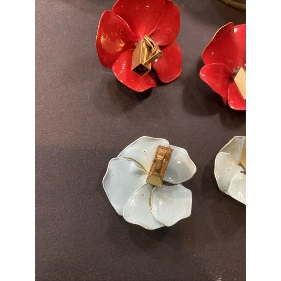 Vintage By Bohmer Red & Blue Enamel 3D Floral Clip-On Earrings Original Box - Picture 15 of 16